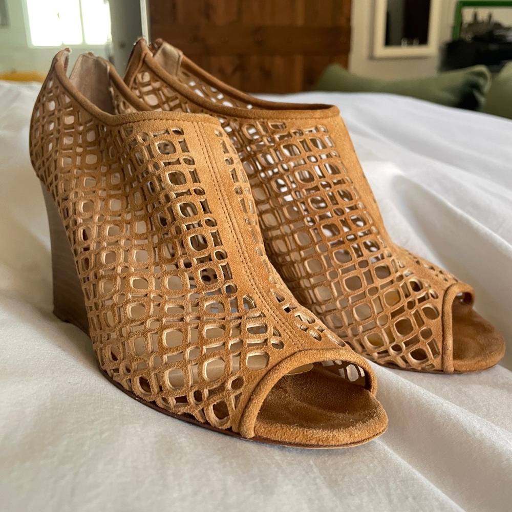 Aquatalia Tan Laser-Cut Suede Wedge Peep-Toe Booties